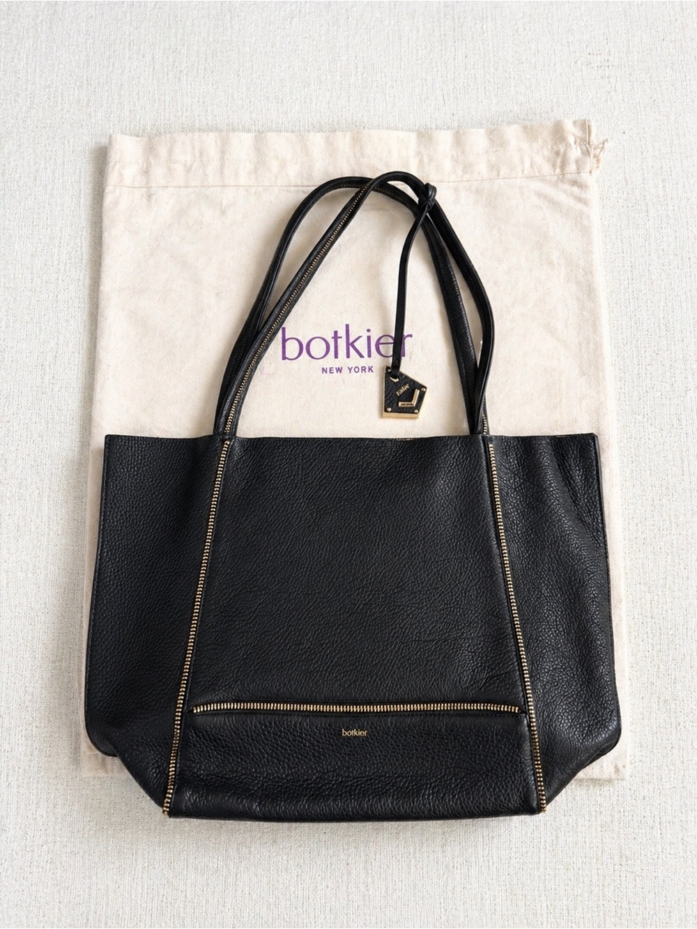 Botkier Black Leather Tote – Gold Zipper Detail – Large – Good Condition